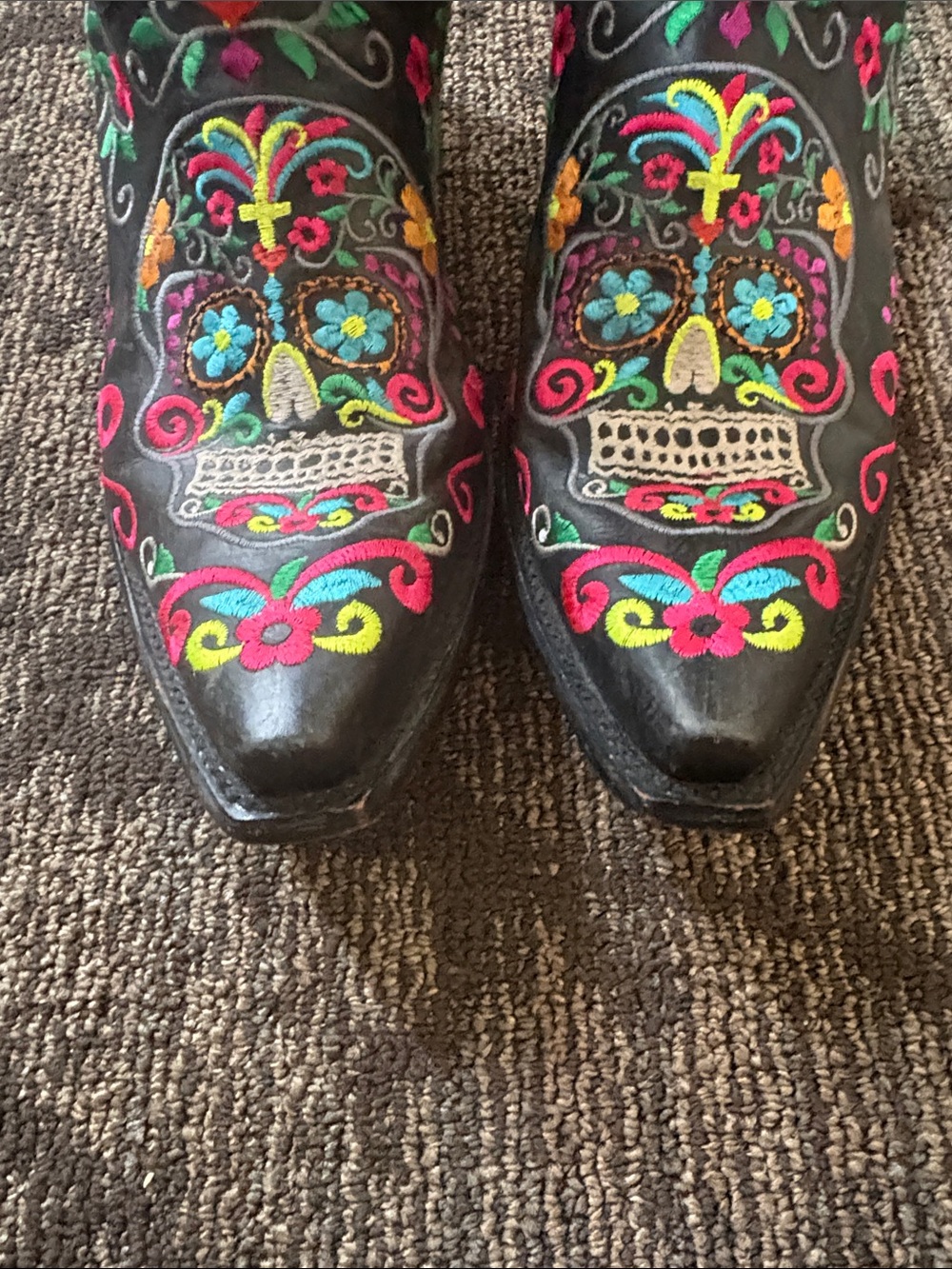 OG Embroidered Black Leather Sugar Skull Cowboy Boots - Vibrant Multicolor - Picture 10 of 10